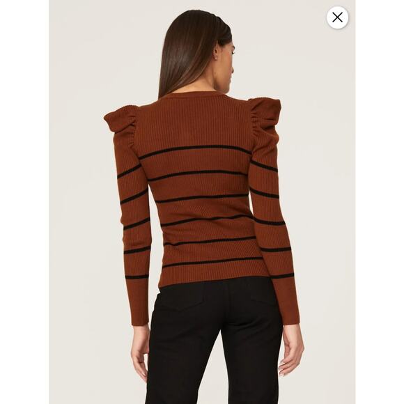 7 for All Mankind Brown Striped Cashmere Blend Puff Shoulder Crew Neck Sweater - Picture 3 of 9